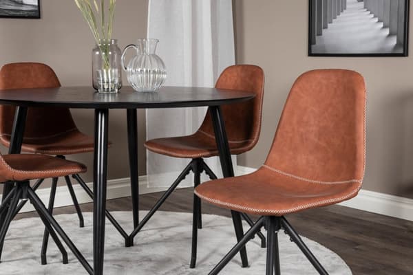 DippØ115BLBL spisebordssæt spisebord sort og 4 Polar stole PU kunstlæder brun.