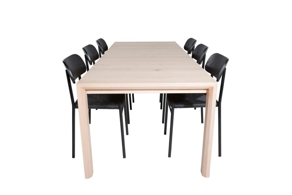 SliderWW matgrupp matbord utdragbart bord längd cm 170 / 250 ekträd vit washeded och 6 Polly matstola svart.