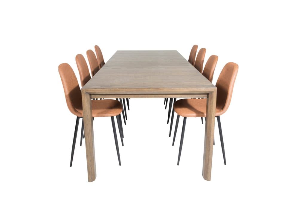 SliderOS matgrupp matbord utdragbart bord längd cm 170 / 250 rökig ekträd och 8 Polar matstola PU konstläder brun.