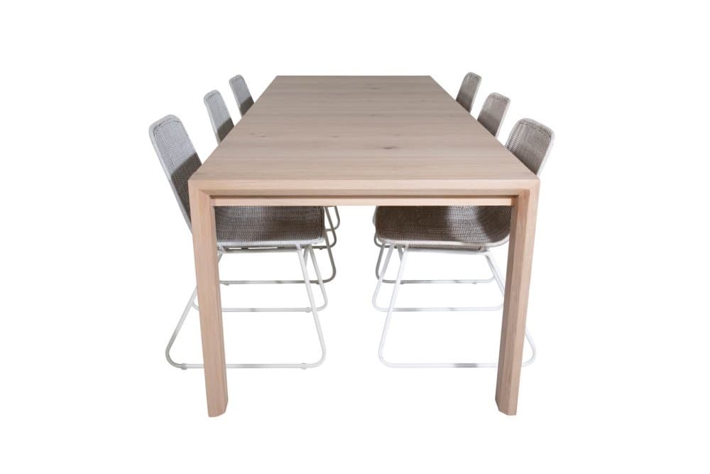 SliderWW matgrupp matbord utdragbart bord längd cm 170 / 250 ekträd vit washeded och 6 Cirebon matstola rotting whitewash.