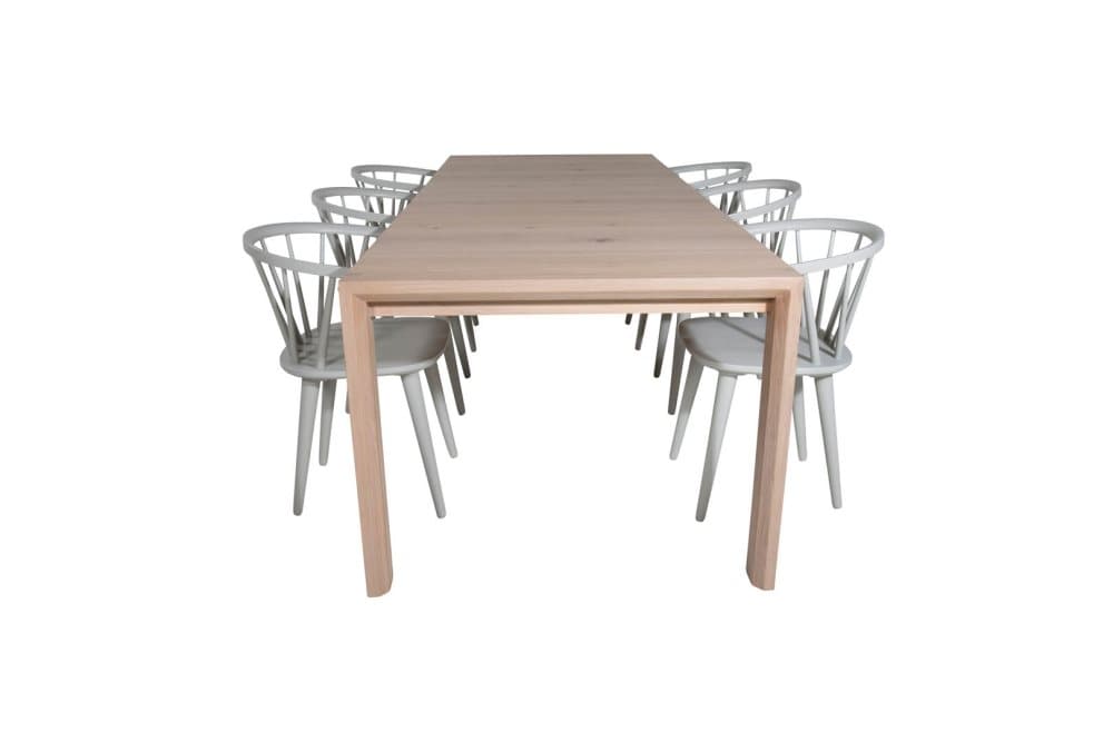 SliderWW matgrupp matbord utdragbart bord längd cm 170 / 250 ekträd vit washeded och 6 Bullerbyn matstola ljusgrått.