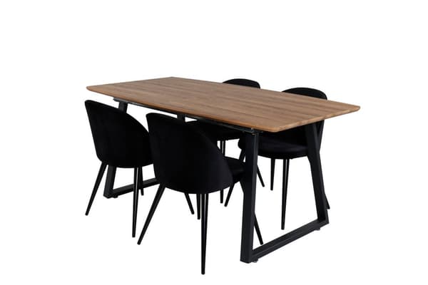IncaNABL matgrupp matbord utdragbart bord längd cm 160 / 200 el träd dekor och 4 Velvet matstola velour svart.