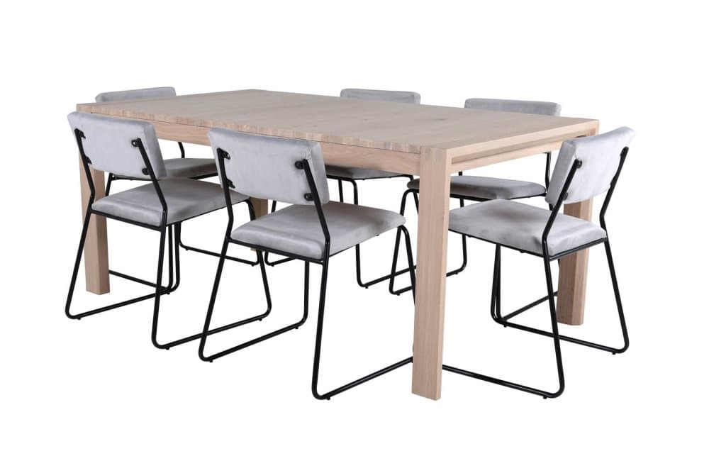 SliderWW matgrupp matbord utdragbart bord längd cm 170 / 250 ekträd vit washeded och 6 Kenth matstola velour grå.