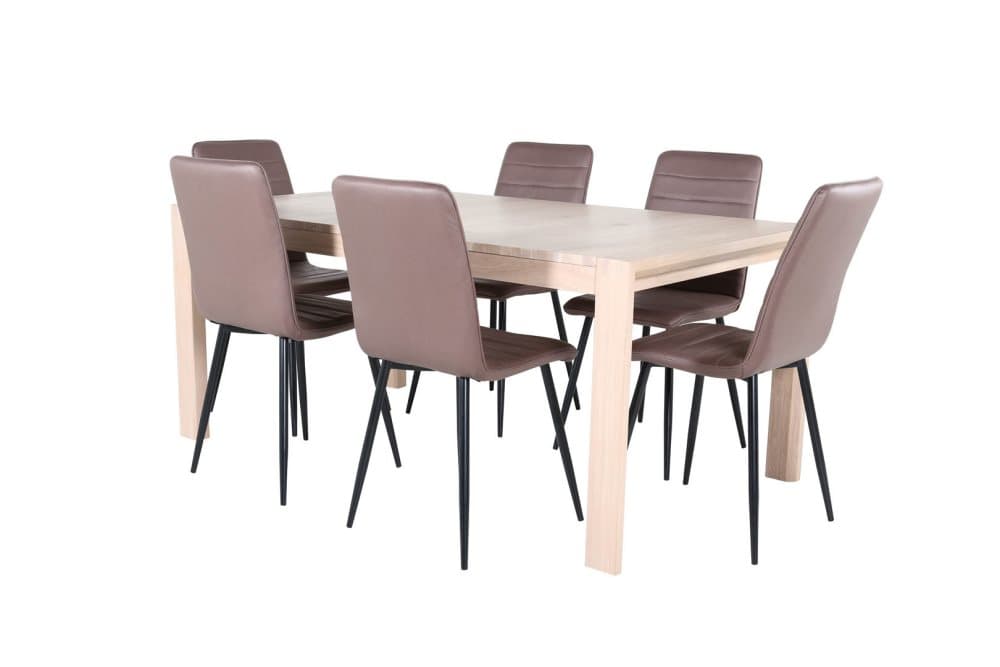 SliderWW matgrupp matbord utdragbart bord längd cm 170 / 250 ekträd vit washeded och 6 Windu Lyx matstola brun.