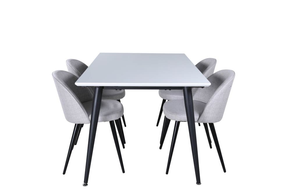 Jimmy150 matgrupp matbord utdragbart bord längd cm 150 / 240 vit och 4 Velvet matstola ljusgrått, svart.