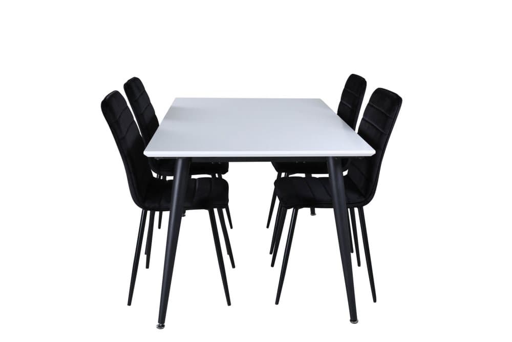 Jimmy150 matgrupp matbord udtræksbord længde cm 150 / 240 vit och 4 Windu Lyx matstola velour svart.