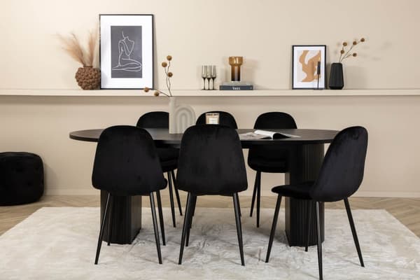 BiancaBL matgrupp matbord svart och 6 Polar matstola velour svart.