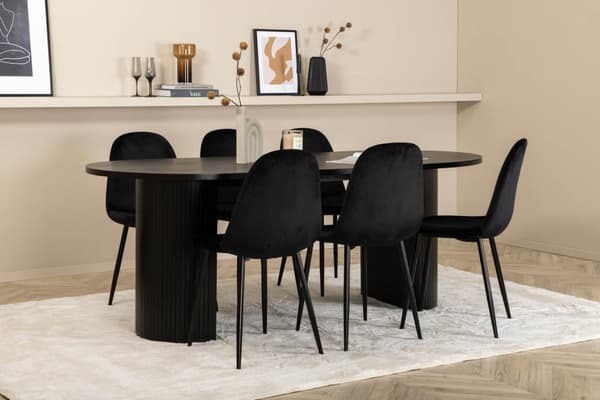BiancaBL matgrupp matbord svart och 6 Polar matstola velour svart.