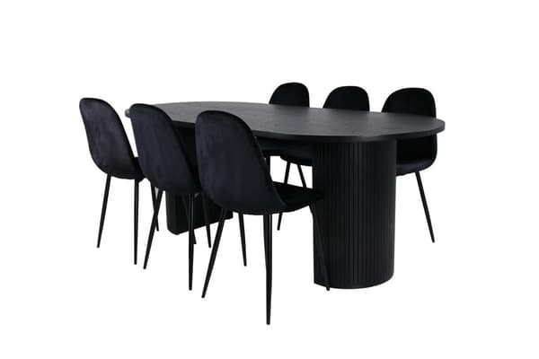 BiancaBL matgrupp matbord svart och 6 Polar matstola velour svart.