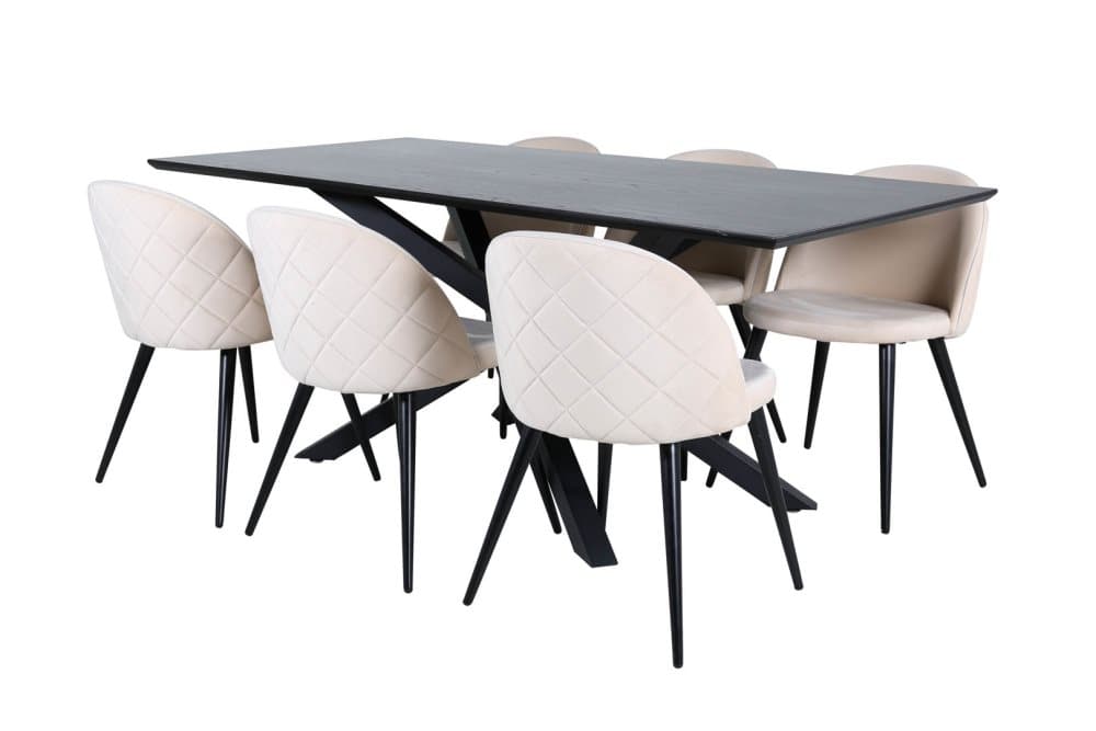 PiazzaBLBL matgrupp matbord svart och 6 Velvet Stitches matstola velour beige.