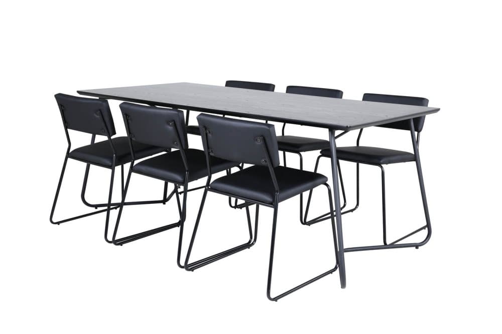 PippiBL matgrupp matbord svart och 6 Kenth matstola PU konstläder svart.