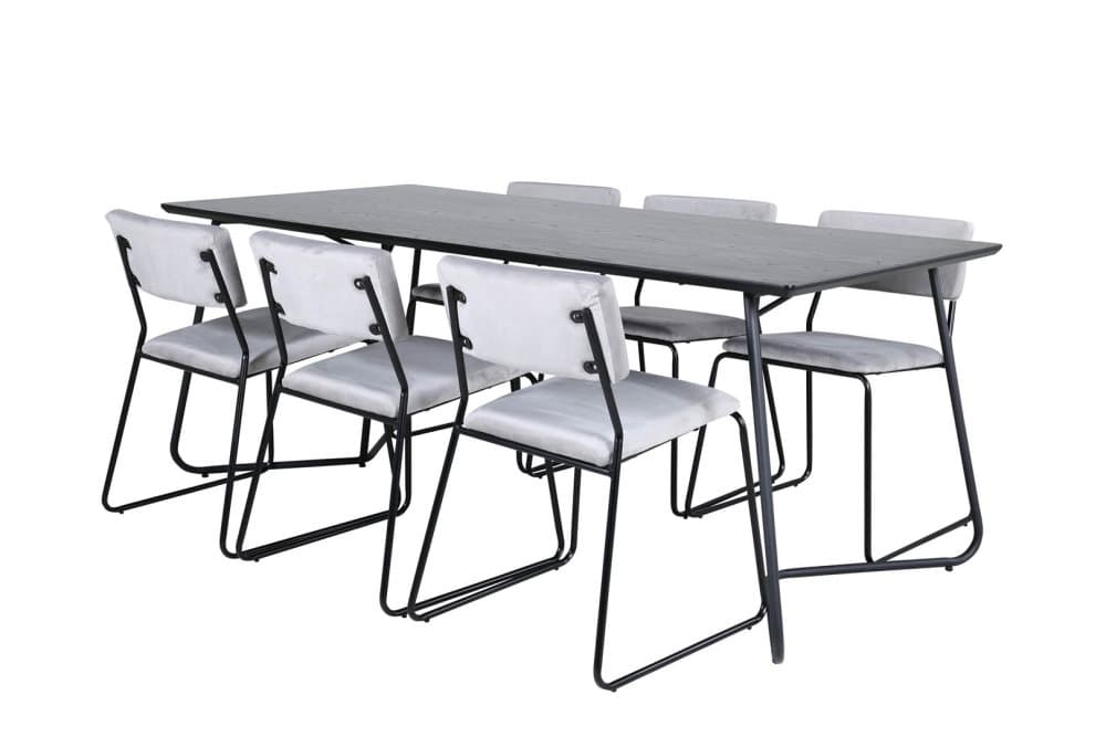 PippiBL matgrupp matbord svart och 6 Kenth matstola velour grå.