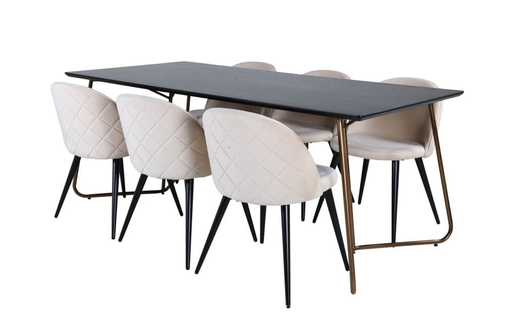 PippiCO matgrupp matbord svart och 6 Velvet Stitches matstola velour beige.