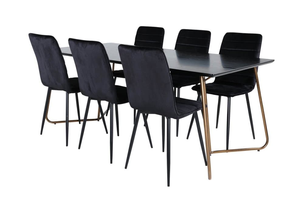 PippiCO matgrupp matbord svart och 6 Windu Lyx matstola velour svart.