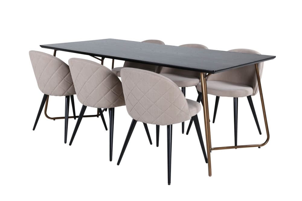 PippiCO matgrupp matbord svart och 6 Velvet Stitches matstola beige.