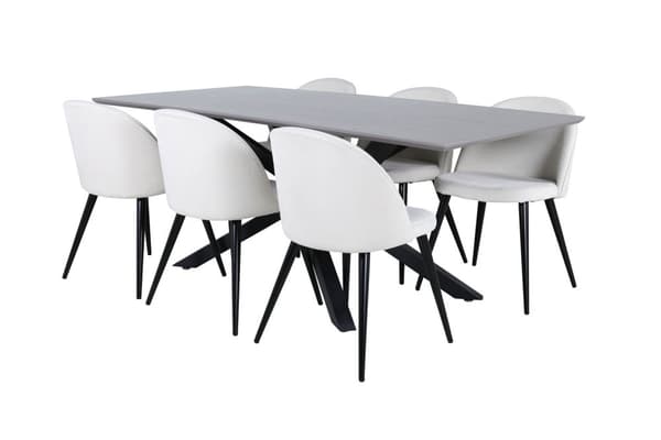PiazzaGRBL spisebordssæt spisebord grå og 6 Velvet stole fløjl beige, sort.