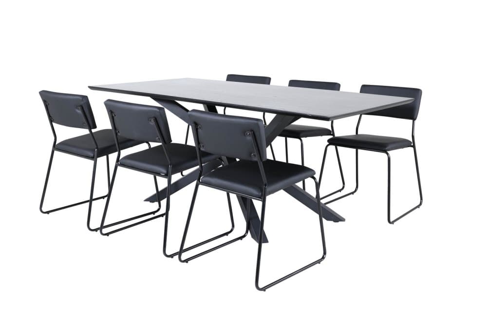 PiazzaBLBL matgrupp matbord svart och 6 Kenth matstola PU konstläder svart.