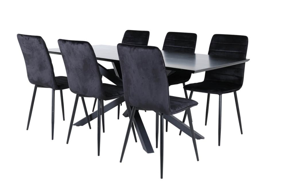 PiazzaBLBL matgrupp matbord svart och 6 Windu Lyx matstola velour svart.