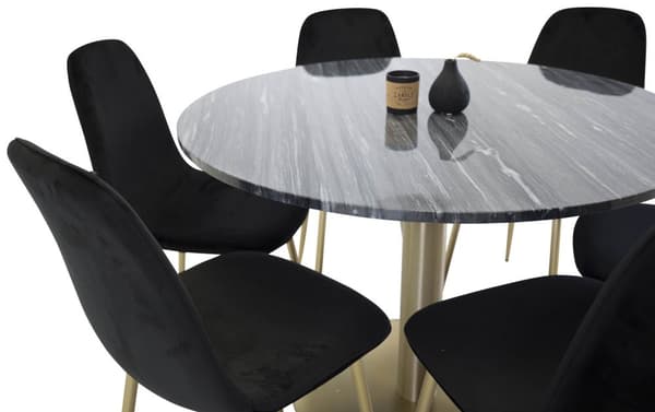 EstelleØ106BLBR matgrupp matbord svart, marmor och 6 Polar matstola velour svart, mässing dekor.