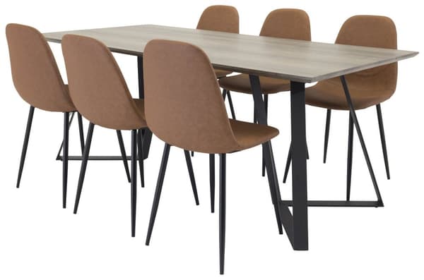 MarinaGRBL matgrupp matbord el träd dekor grå och 6 Polar matstola PU konstläder brun.