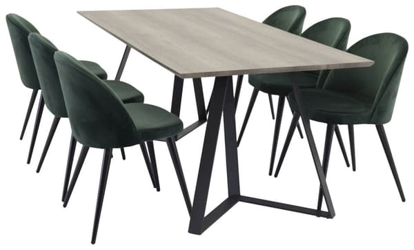 MarinaGRBL spisebordssæt spisebord elletræ dekor grå og 6 Velvet stole velour grøn, sort.