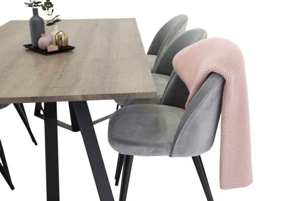 MarinaGRBL matgrupp matbord el träd dekor grå och 6 Velvet matstola velour ljusgrått.