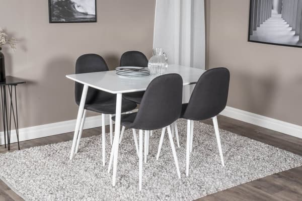 Polar120X80WHWH spisegruppe spisebord hvit og 4 Polar spisestuestoler svart, hvit.