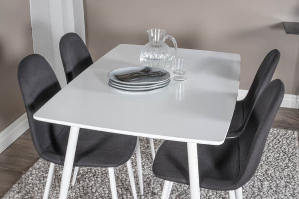 Polar120X80WHWH spisegruppe spisebord hvit og 4 Polar spisestuestoler svart, hvit.