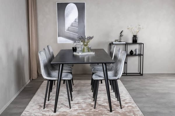 Dipp180x90BLBL spisegruppe spisebord svart og 6 Polar Diamond spisestuestoler velour grå.