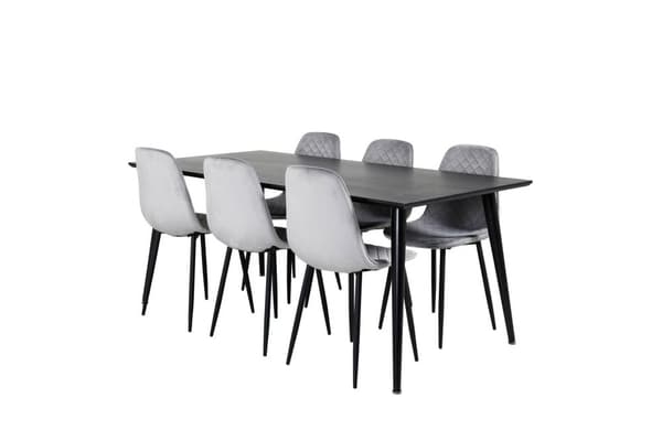 Dipp180x90BLBL spisegruppe spisebord svart og 6 Polar Diamond spisestuestoler velour grå.