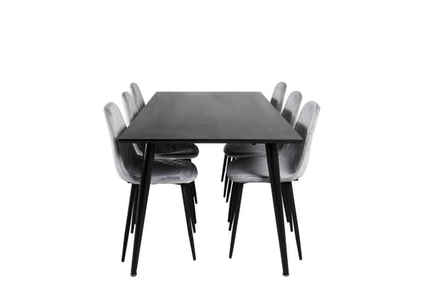 Dipp180x90BLBL spisegruppe spisebord svart og 6 Polar Diamond spisestuestoler velour grå.