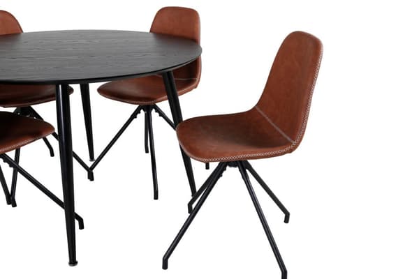 DippØ115BLBL spisegruppe spisebord svart og 4 Polar spisestuestoler PU kunstskinn brun.