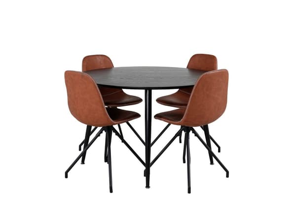 DippØ115BLBL spisegruppe spisebord svart og 4 Polar spisestuestoler PU kunstskinn brun.