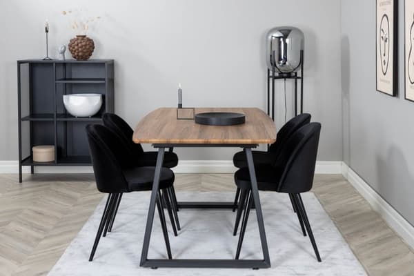 IncaNABL spisegruppe spisebord uttrekksbord lengde cm 160 / 200 el tre dekor og 4 Velvet spisestuestoler velour svart.