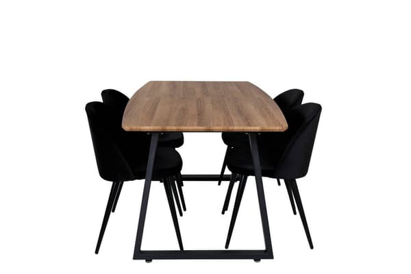 IncaNABL spisegruppe spisebord uttrekksbord lengde cm 160 / 200 el tre dekor og 4 Velvet spisestuestoler velour svart.