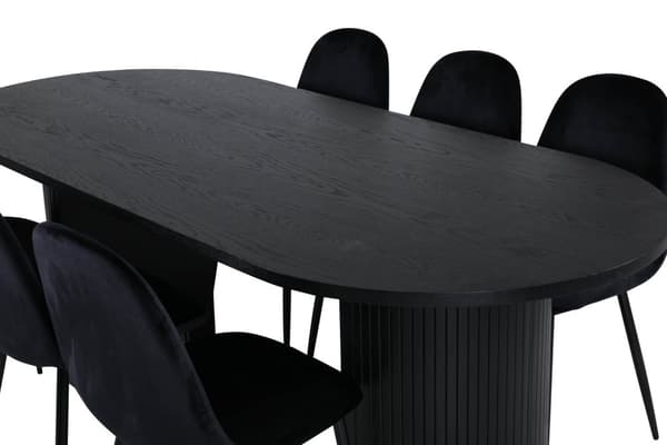 BiancaBL spisegruppe spisebord svart og 6 Polar spisestuestoler velour svart.