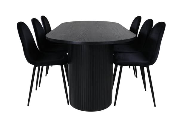 BiancaBL spisegruppe spisebord svart og 6 Polar spisestuestoler velour svart.