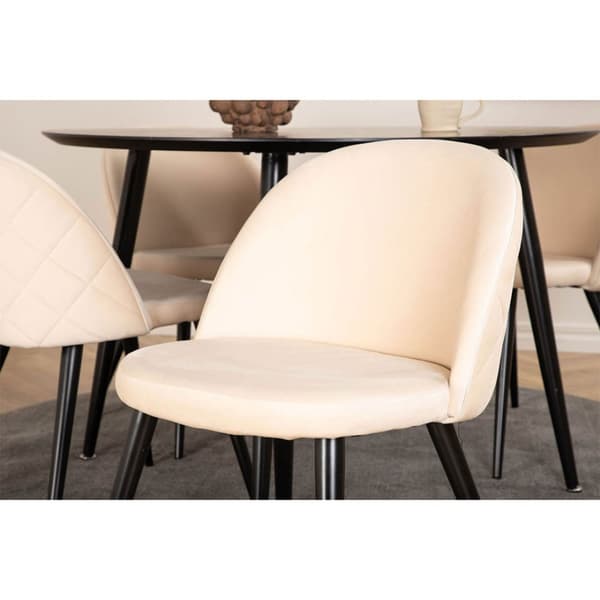 DippØ115BLBL spisegruppe spisebord svart og 4 Velvet Stitches spisestuestoler velour beige.