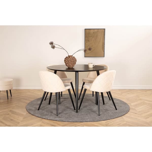 DippØ115BLBL spisegruppe spisebord svart og 4 Velvet Stitches spisestuestoler velour beige.