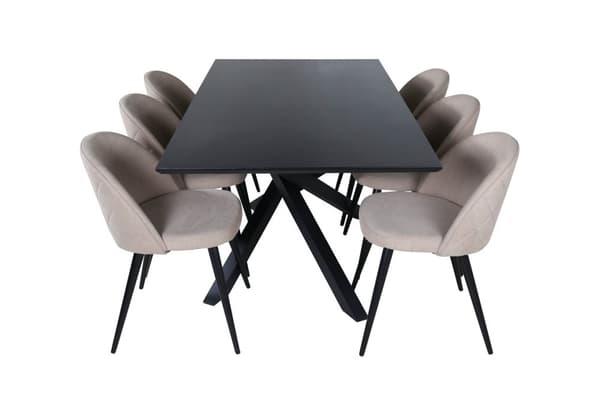 PiazzaBLBL spisegruppe spisebord svart og 6 Velvet Stitches spisestuestoler beige.