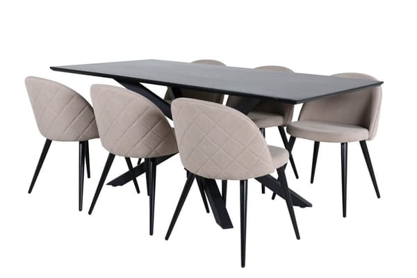 PiazzaBLBL spisegruppe spisebord svart og 6 Velvet Stitches spisestuestoler beige.