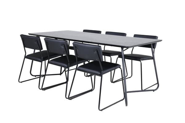 PippiBL spisegruppe spisebord svart og 6 Kenth spisestuestoler PU kunstskinn svart.