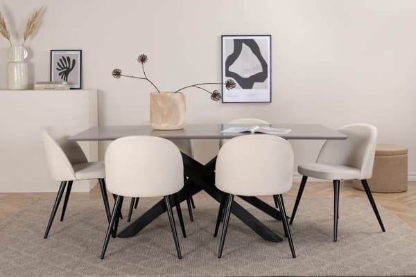 PiazzaGRBL spisegruppe spisebord grå og 6 Velvet spisestuestoler fløyel beige, svart.