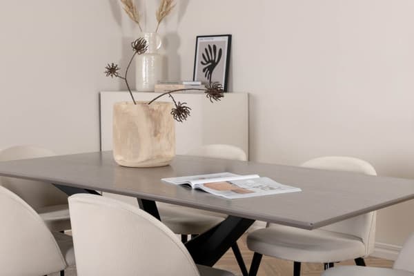 PiazzaGRBL spisegruppe spisebord grå og 6 Velvet spisestuestoler fløyel beige, svart.