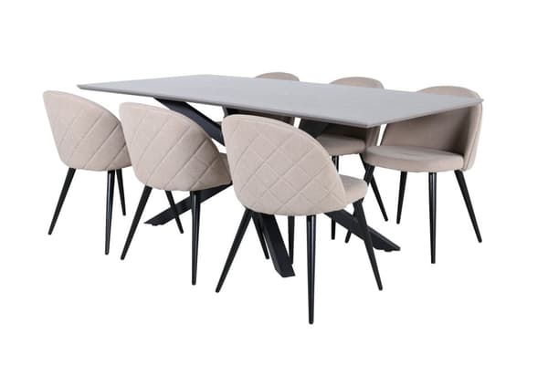 PiazzaGRBL spisegruppe spisebord grå og 6 Velvet Stitches spisestuestoler beige.