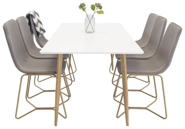 Polar180X90WHNA spisegruppe spisebord hvit og 6 X-chair spisestuestoler grå.
