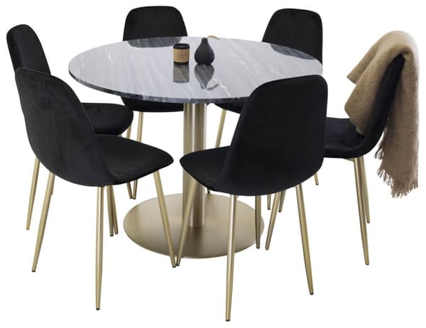 EstelleØ106BLBR spisegruppe spisebord svart, marmor og 6 Polar spisestuestoler velour svart, messing dekor.