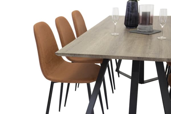 MarinaGRBL spisegruppe spisebord el tre dekor grå og 6 Polar spisestuestoler PU kunstskinn brun.