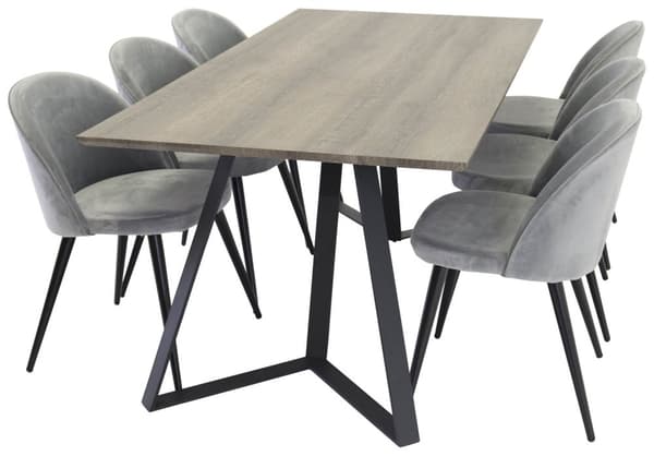 MarinaGRBL spisegruppe spisebord el tre dekor grå og 6 Velvet spisestuestoler velour lysegrå.