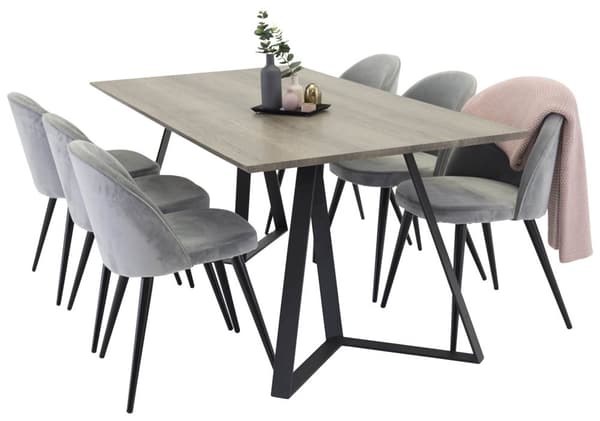 MarinaGRBL spisegruppe spisebord el tre dekor grå og 6 Velvet spisestuestoler velour lysegrå.